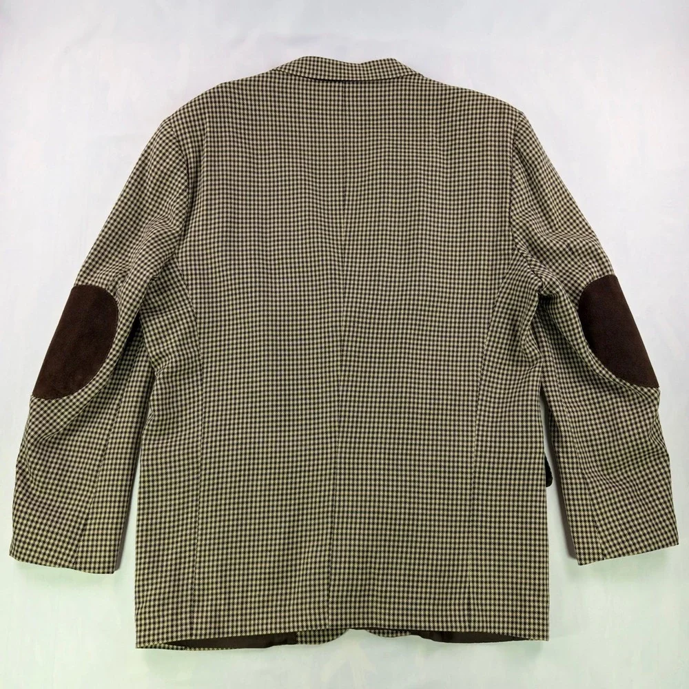 Vintage Banana Republic Wool Blazer Mens L Tan Houndstooth Elbow Patch USA